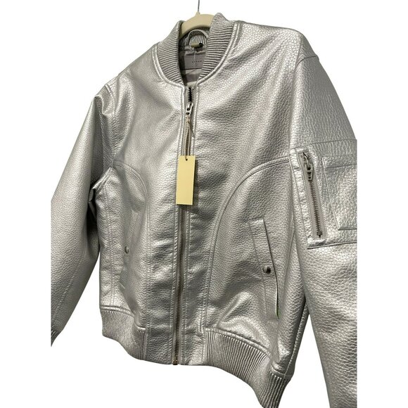 Blank NYC Metallic Silver Faux Leather Bomber Jacket Size Medium NWT - Picture 4 of 6